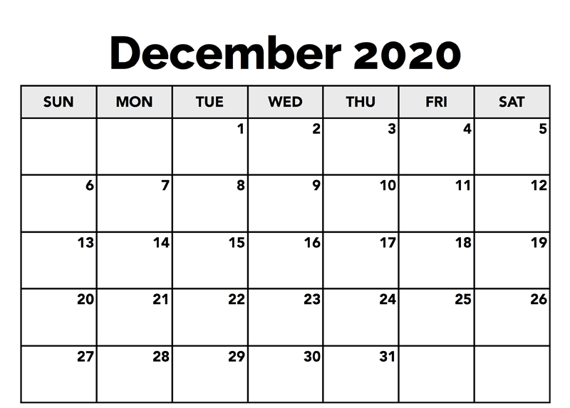 Free Monthly Blank December Calendar 2020 Printable Template