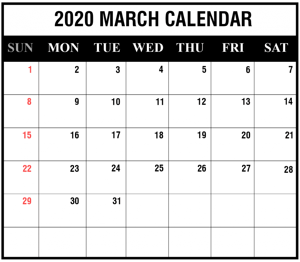 Free 2020 March Calendar Printable Editable Template Blank