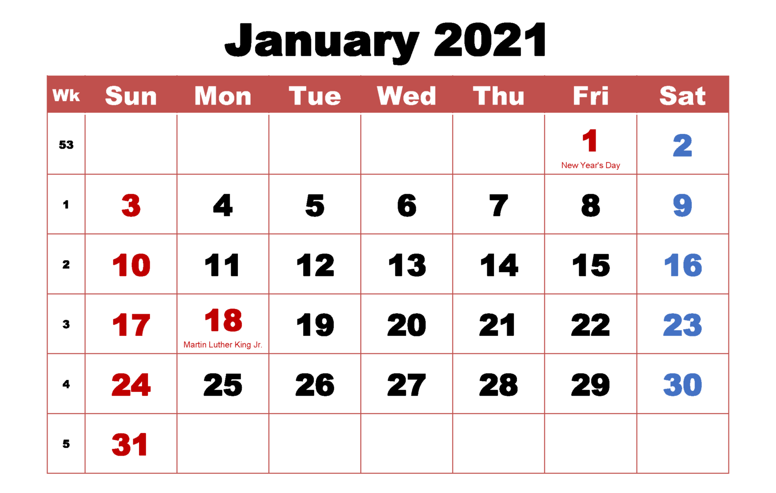 Free January Calendar 2021 Printable Template Blank In PDF Word Excel