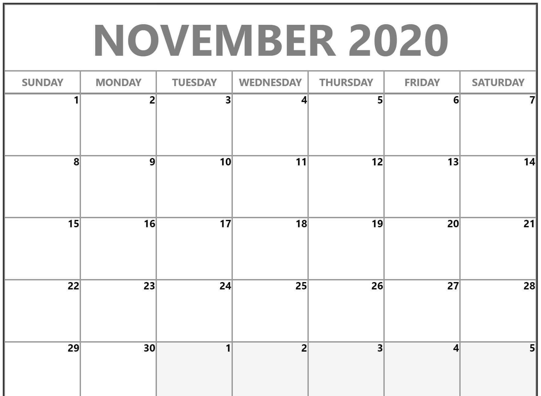 Free Blank November Calendar 2020 Printable Template PDF Word Excel Page