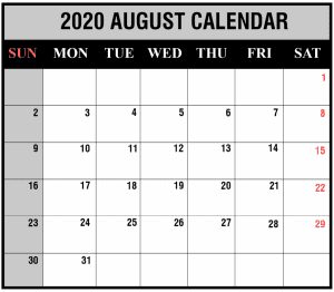 Free Printable August Holidays 2020 Calendar US UK Canada Australia India