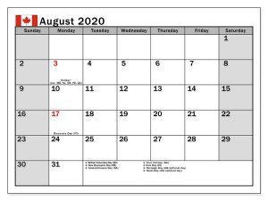 Free Printable August Holidays 2020 Calendar US UK Canada Australia India