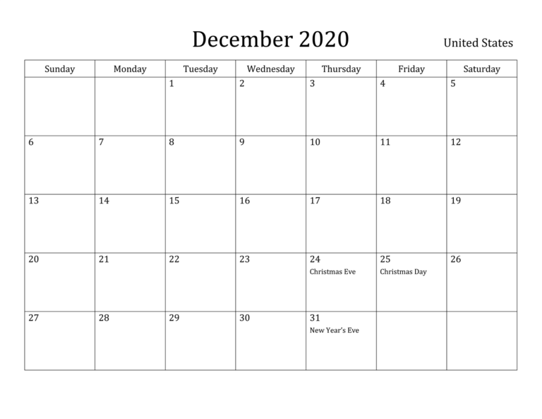 Free Printable December Holidays 2020 Calendar USA UK Canada