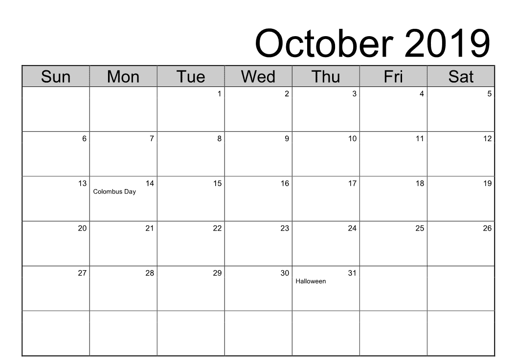 October 2019 Calendar Cute Halloween