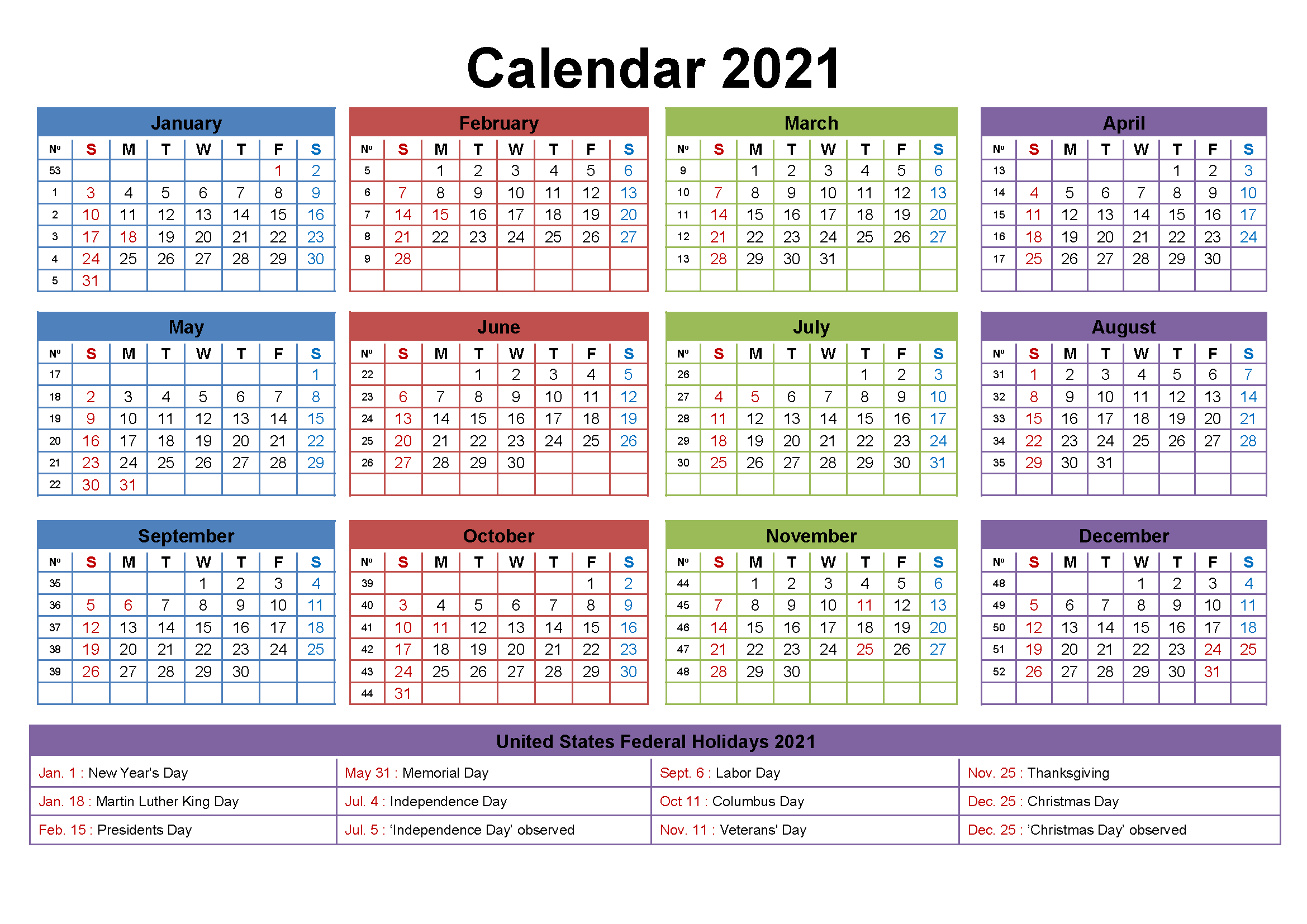 2021 Editable Calendar