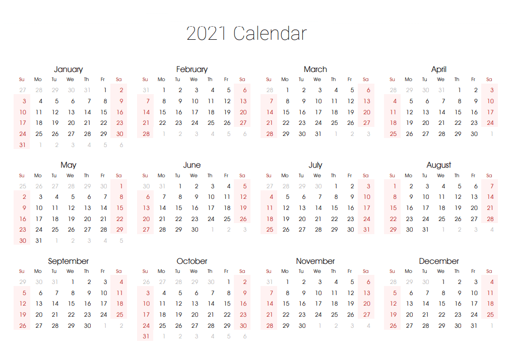 2021 Yearly Calendar Template