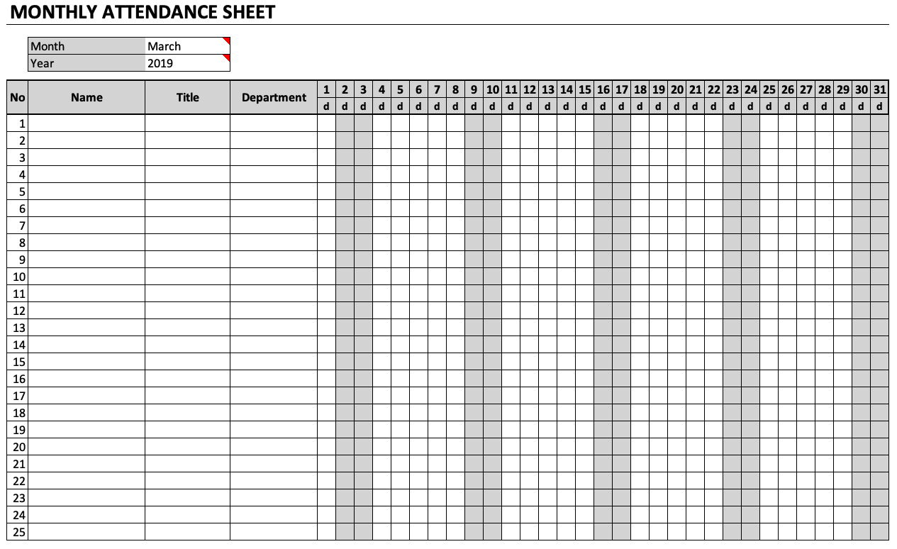 Monthly Attendance Sheet Chart