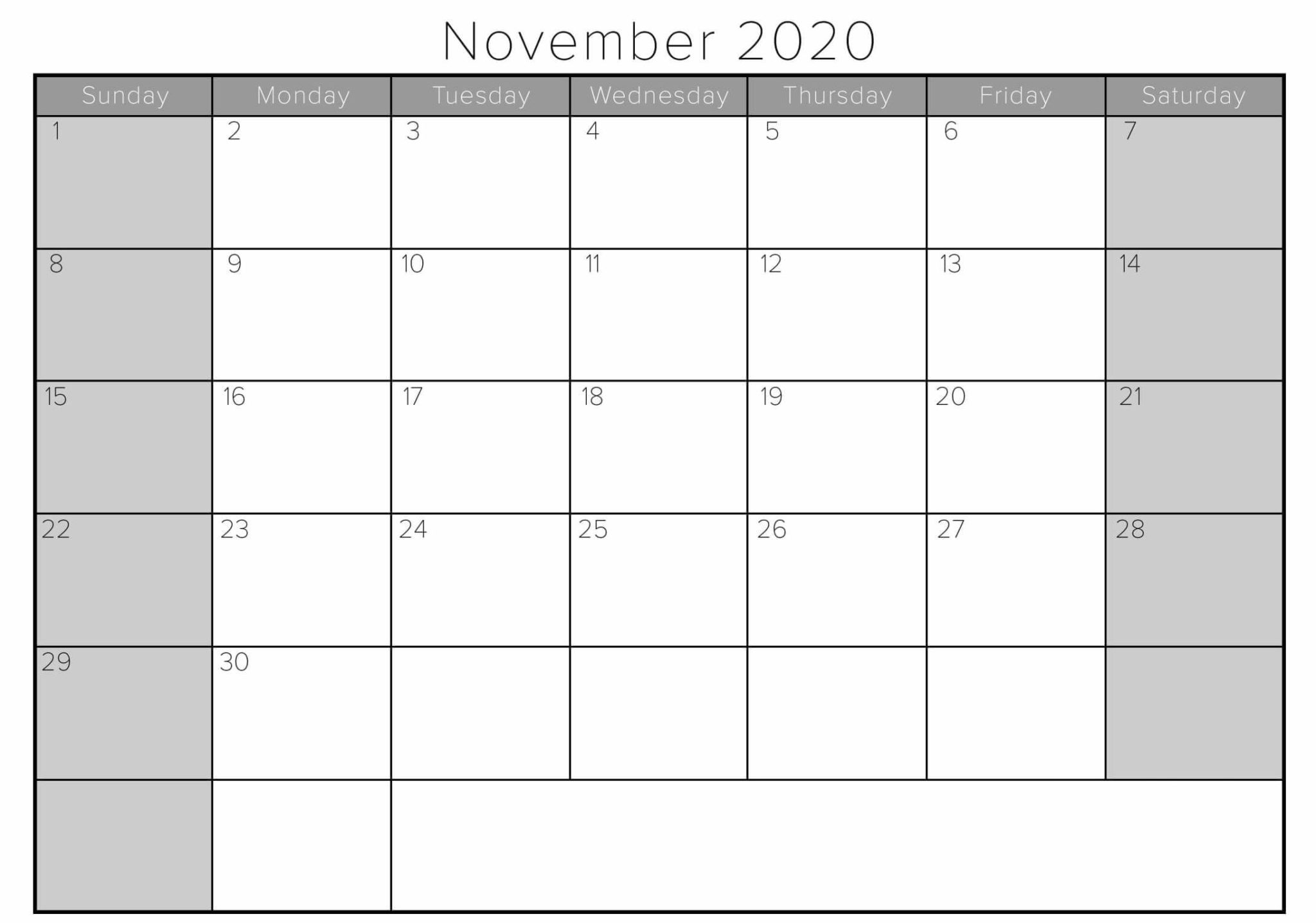 2020 Fillable November Calendar Printable Editable Template With Notes
