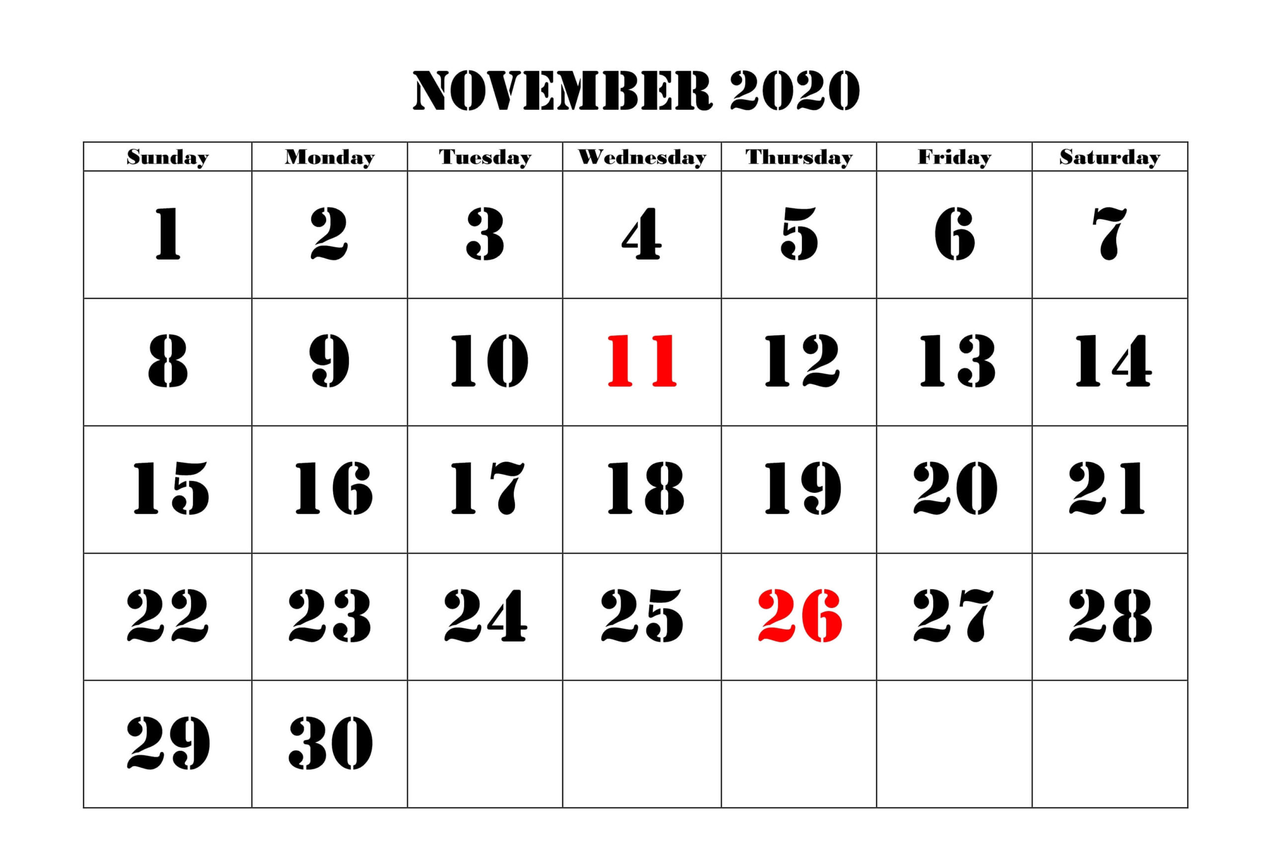 2020 Fillable November Calendar Printable Editable Template With Notes