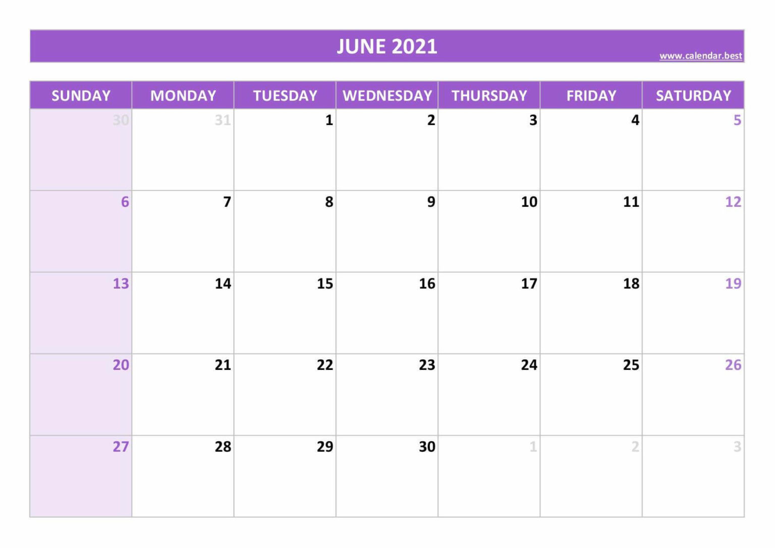 June Calendar 2021 Free Printable Template PDF Word Excel