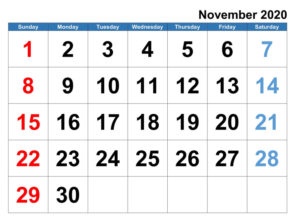 Free Editable November Calendar 2020 Blank Template