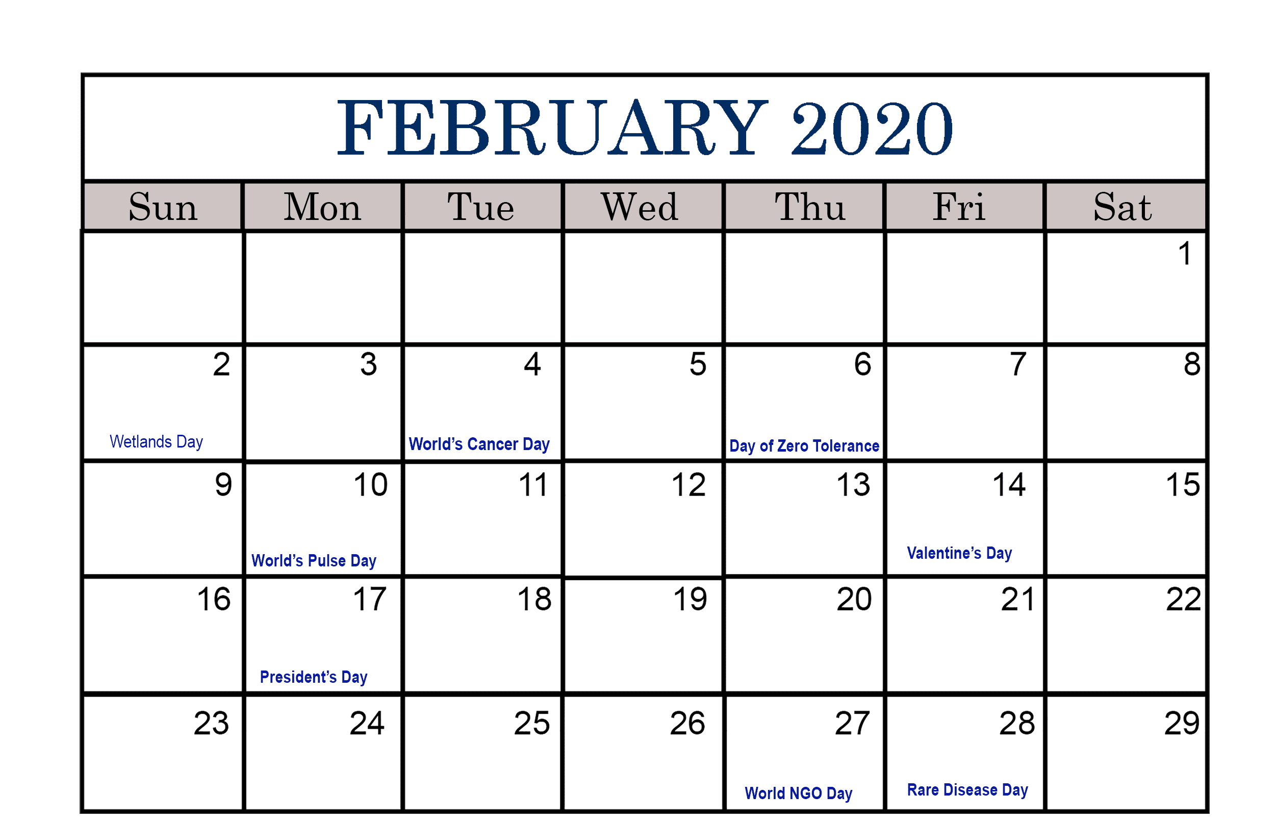 Free Printable February Holidays 2020 Calendar Template
