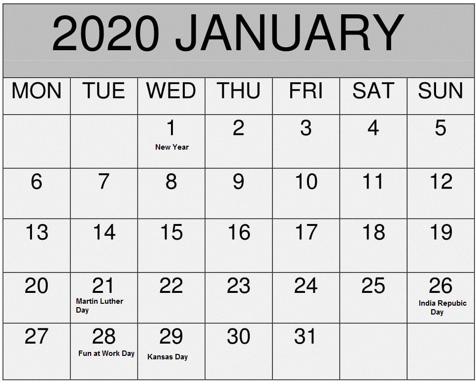 Free Printable January Holidays 2020 Calendar Template