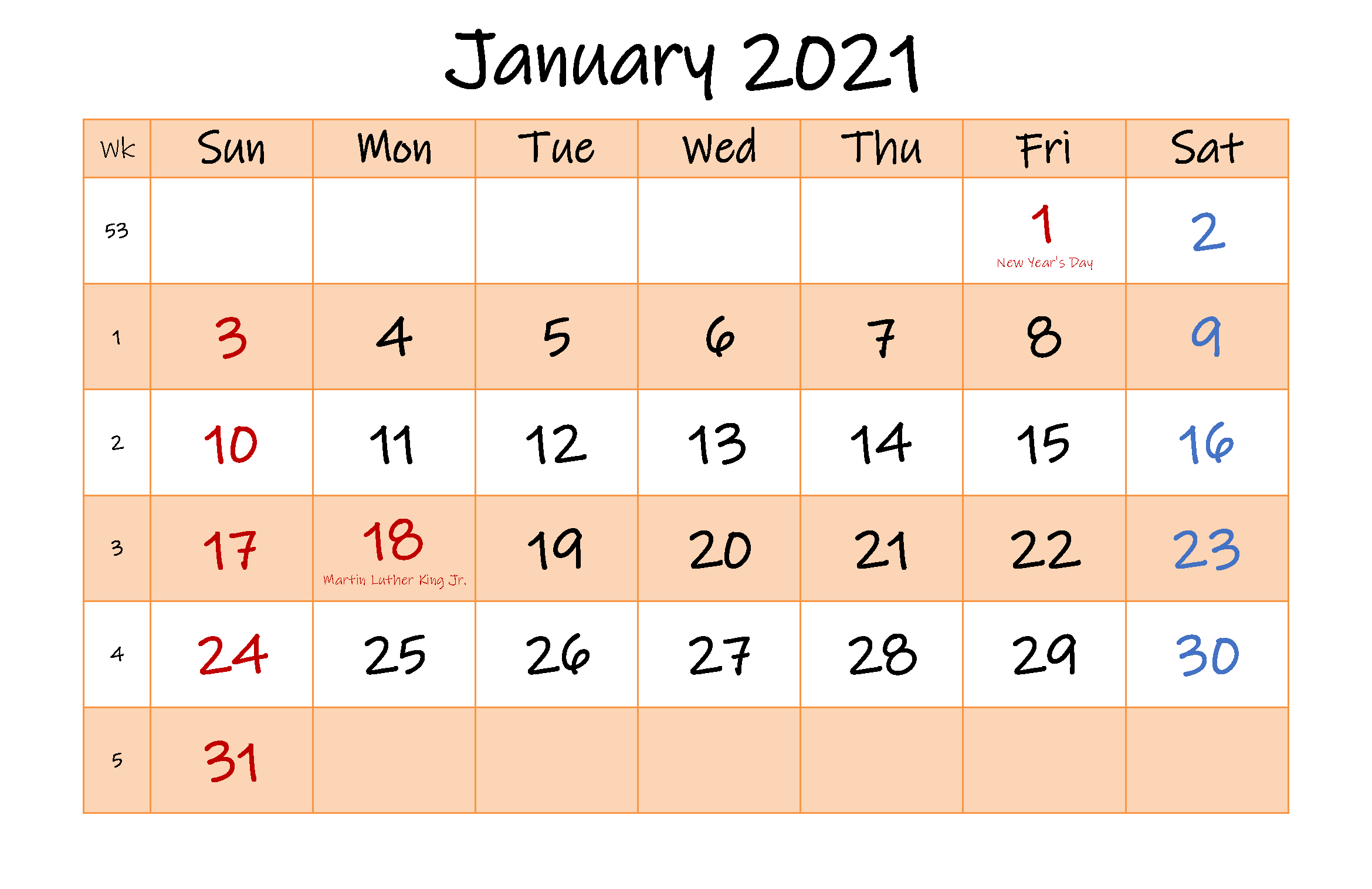 January 2021 Calendar Editable