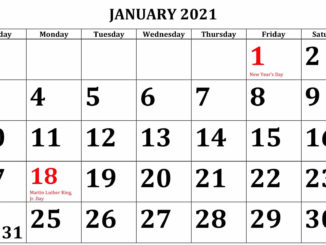 January 2021 School Holidays Calendar
