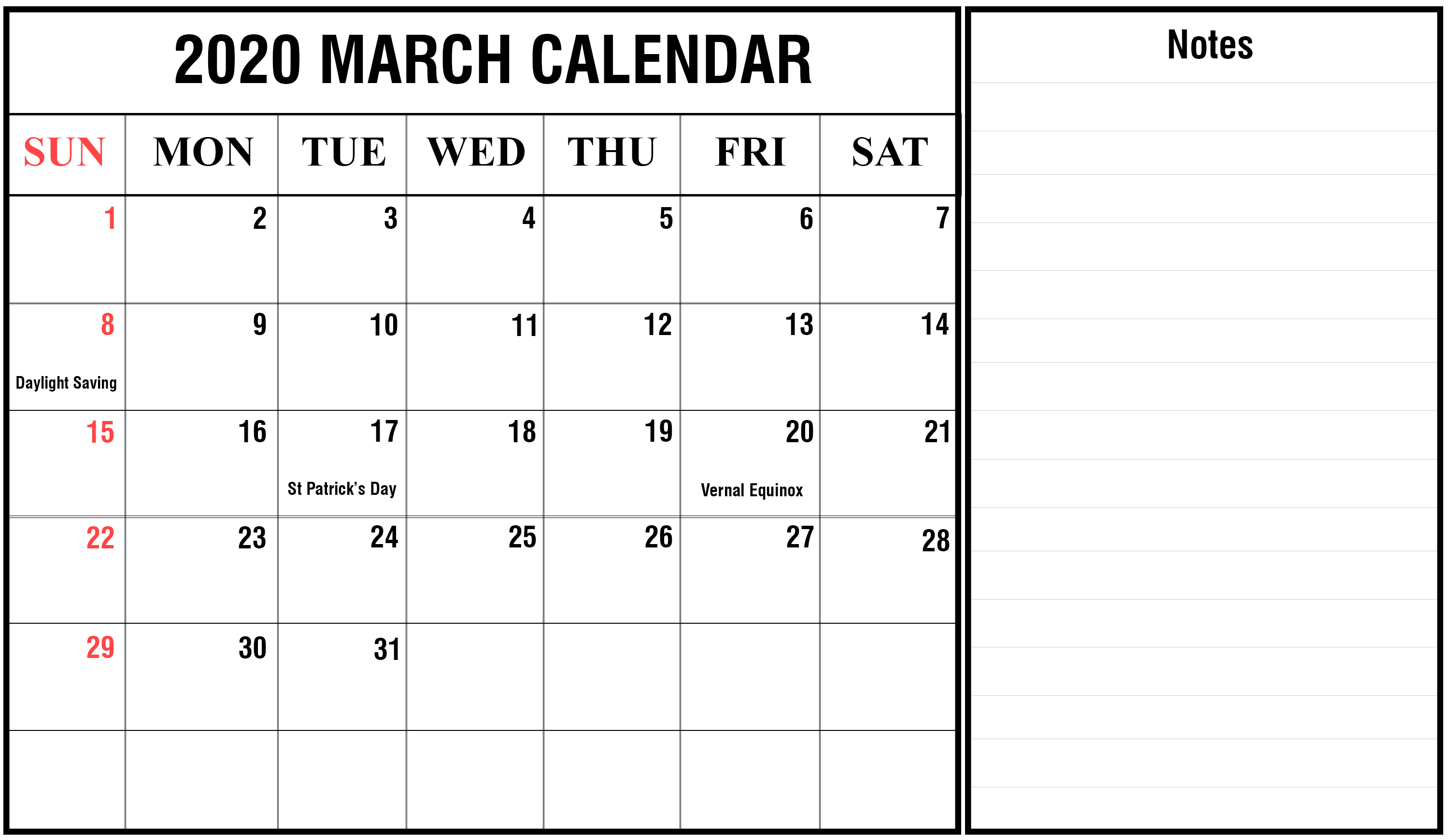 Free Printable March Holidays 2020 Calendar In US, UK, Canada, Australia