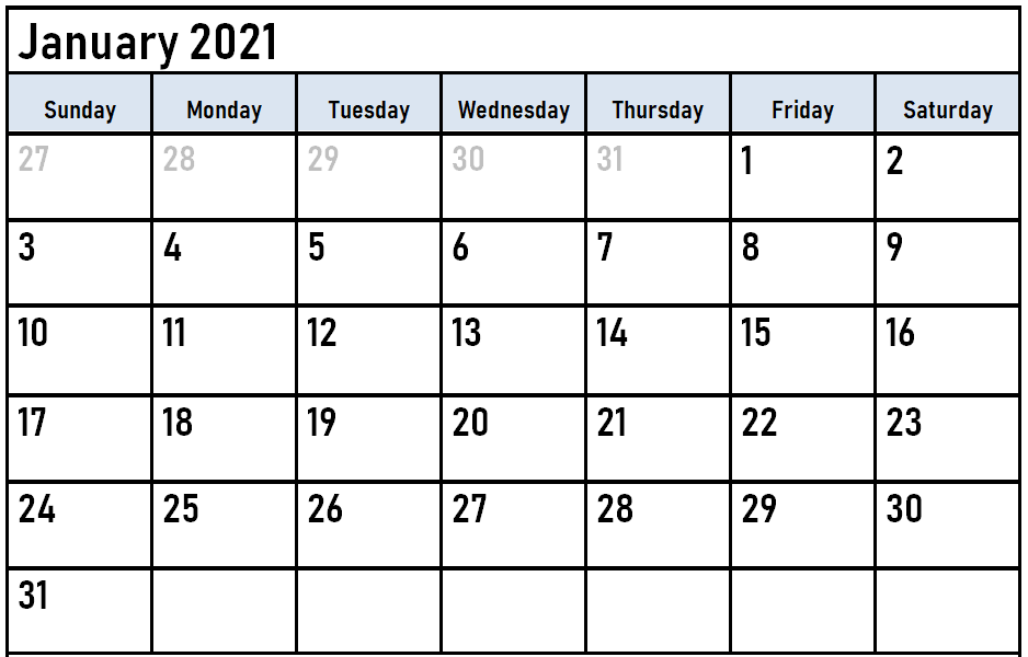 2021 January Fillable Calendar