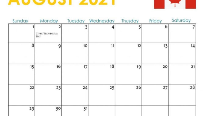 August 2021 Canada Holidays Calendar