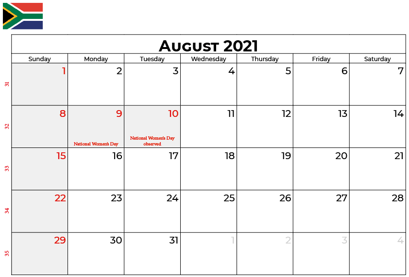 August 2021 calendar south africa
