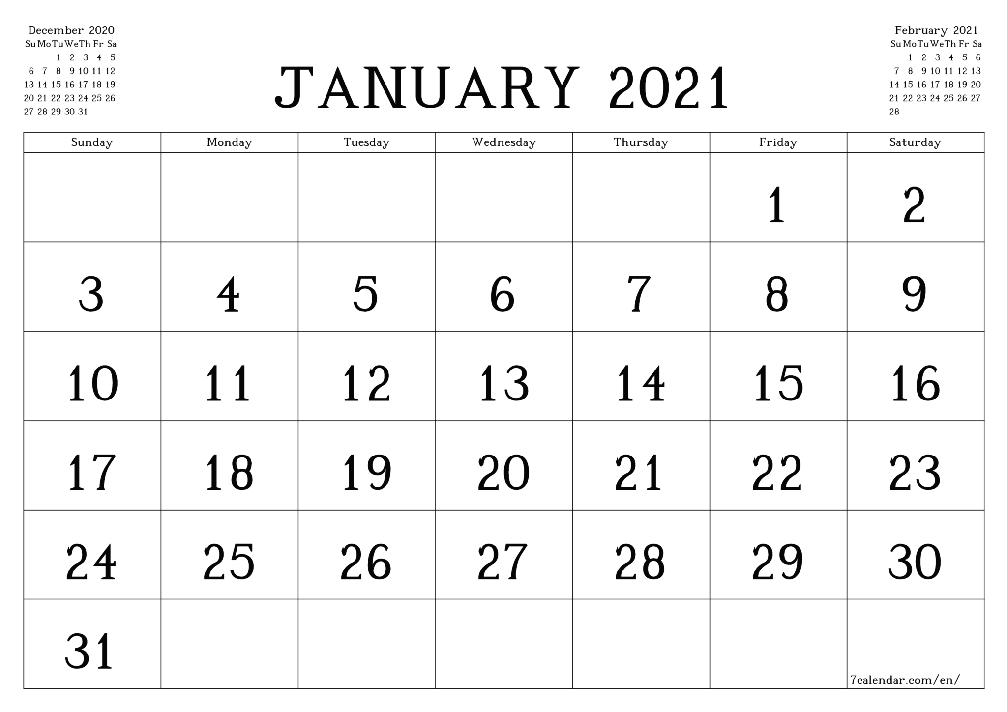 Free Fillable January Calendar 2021 Printable Editable With Notes