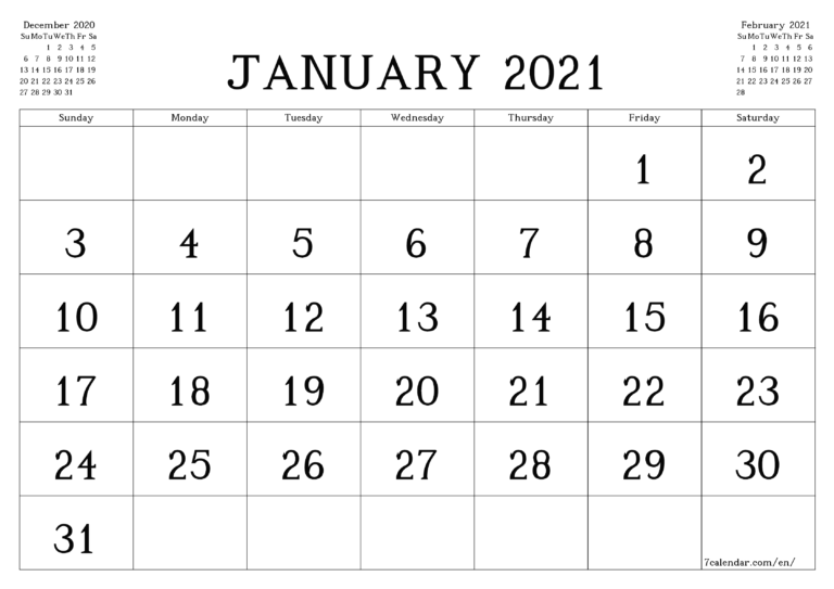 Free Fillable January Calendar 2021 Printable Editable With Notes