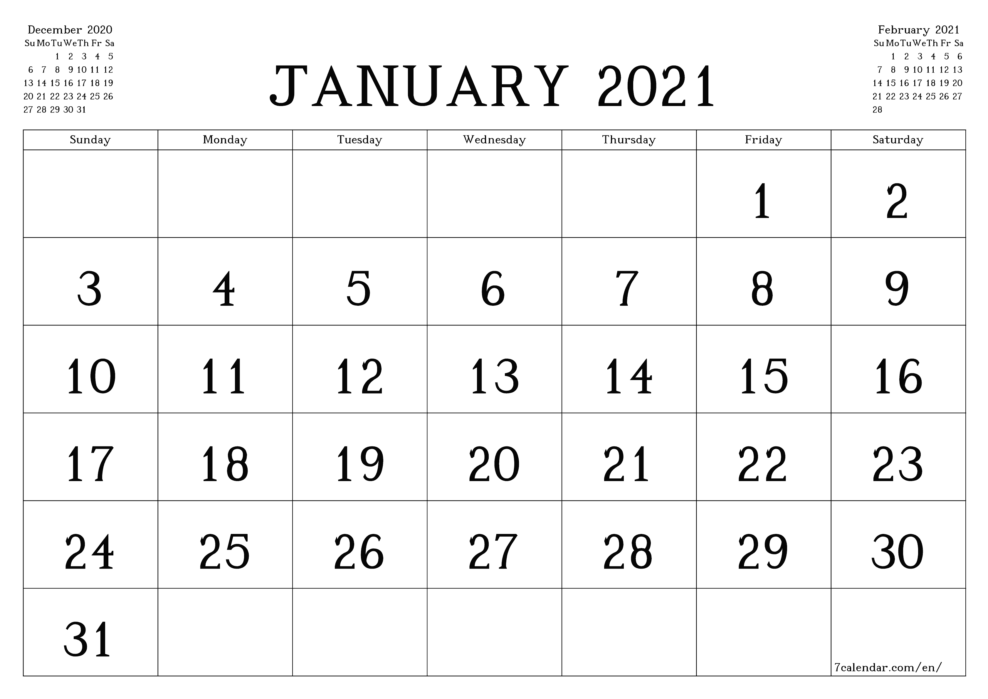 Blank January 2021 Editable Calendar