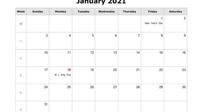 Fillable January Calendar 2021