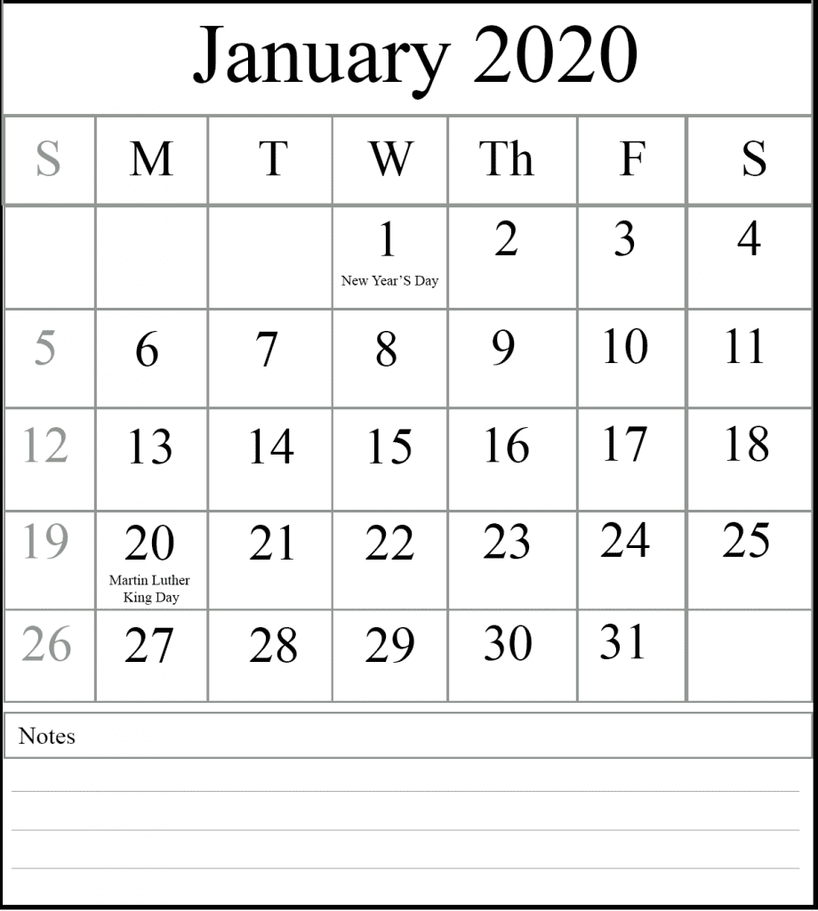 Free Fillable January Calendar 2020 Printable Editable