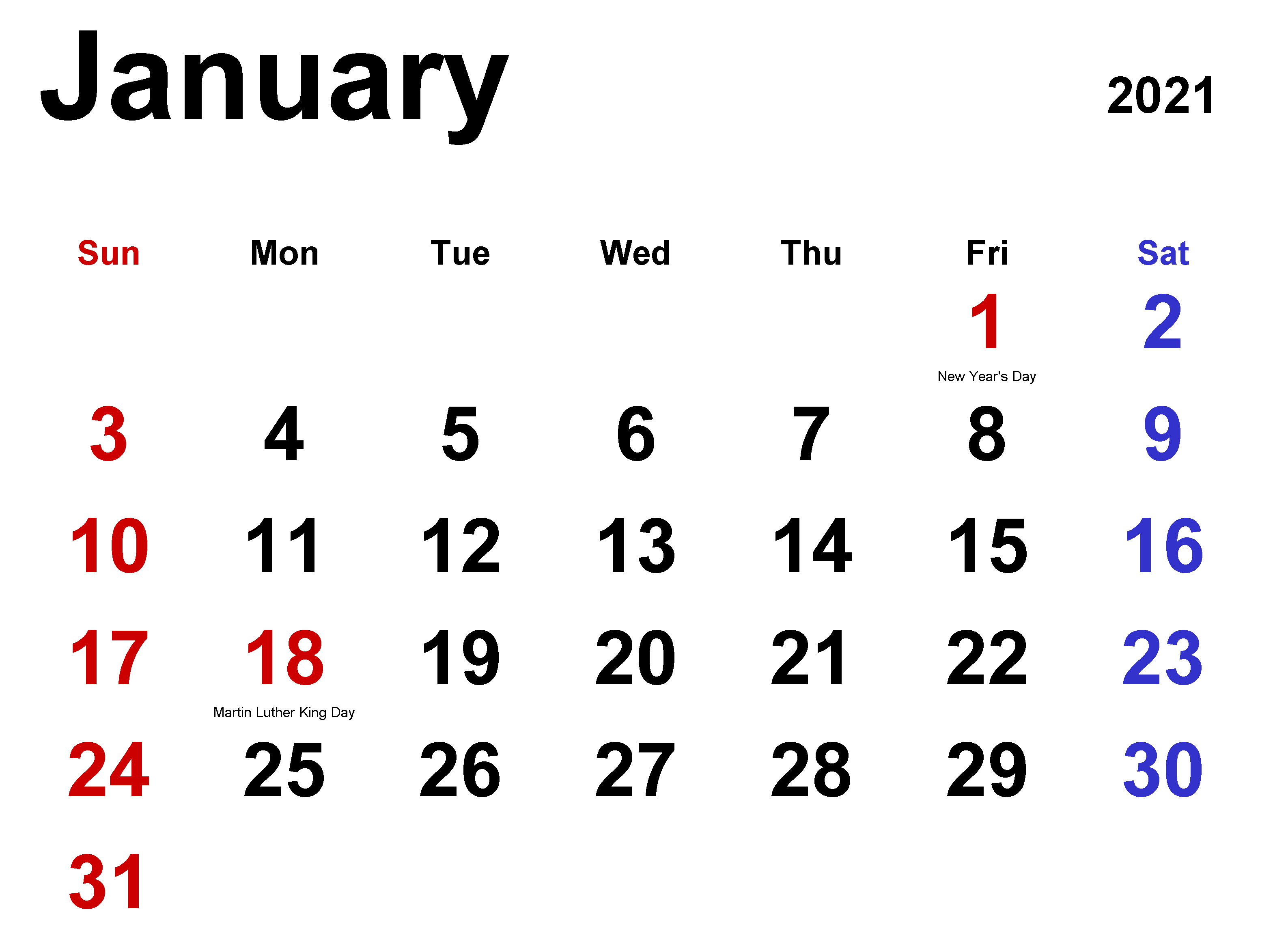 Printable January 2021 Fillable Calendar