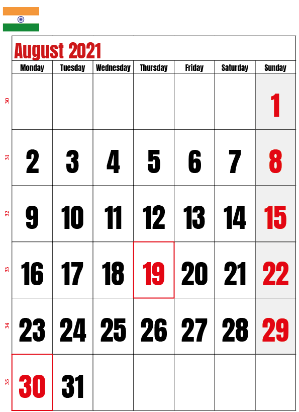 august calendar 2021 india
