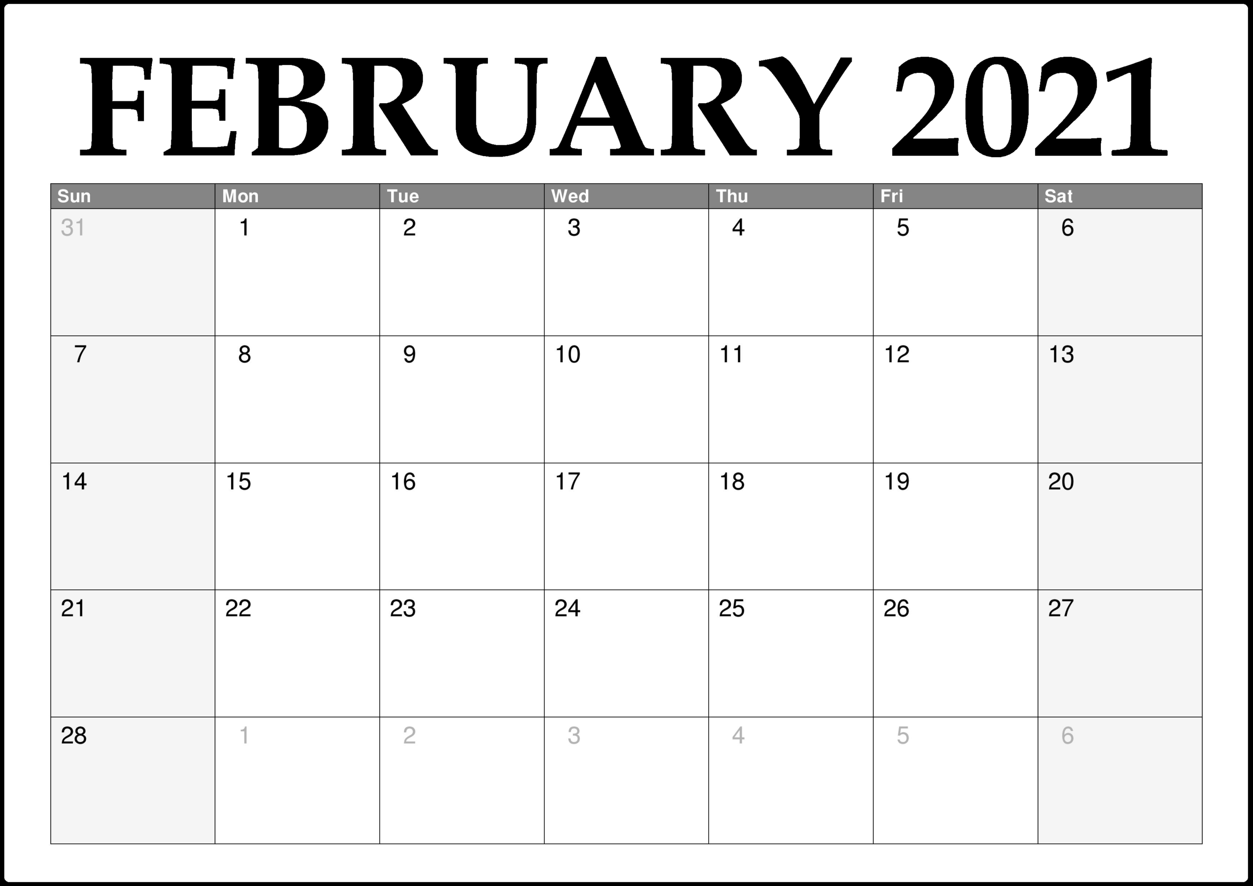 February Calendar 2021 Free Printable Template PDF Word Excel