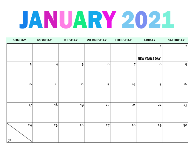 Cute January 2021 Calendar Printable