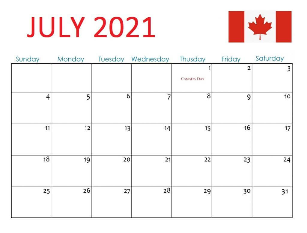 July 2021 Canada Holidays Calendar