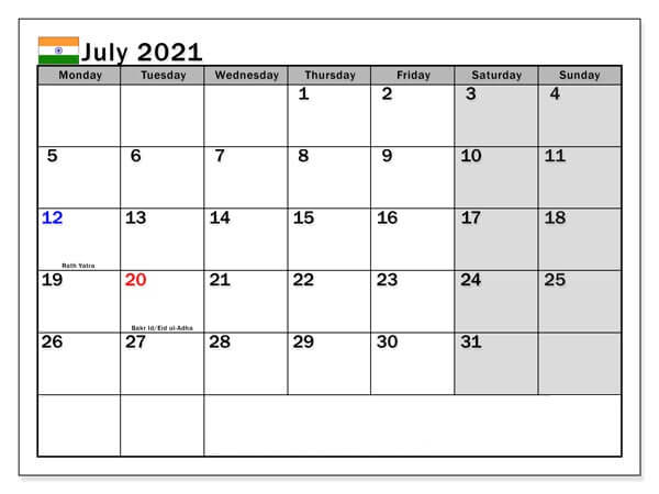 July 2021 India Holidays Calendar