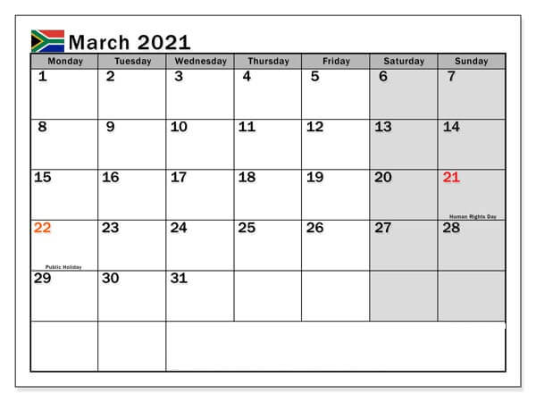 March 2021 South Africa Holidays Calendar