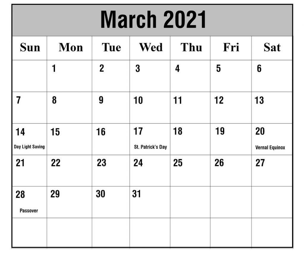March 2021 UK HOlidays Calendar