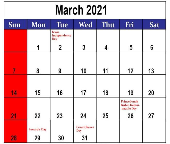 March 2021 USA Holidays Calendar