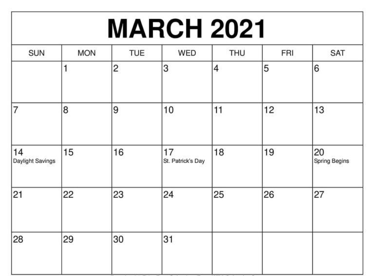 Free Printable March Holidays 2021 Calendar In US, UK, Canada, Australia