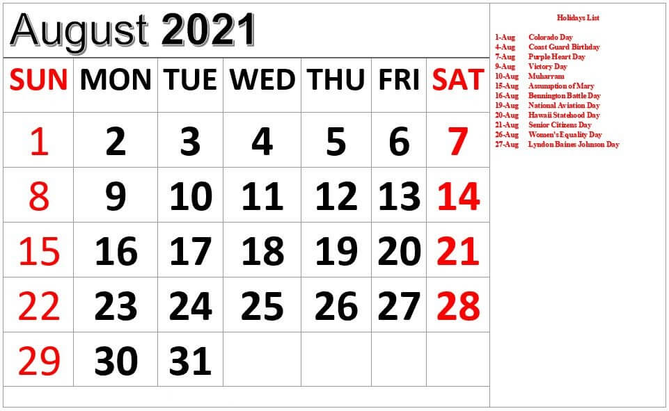 august 2021 calendar with Holidays