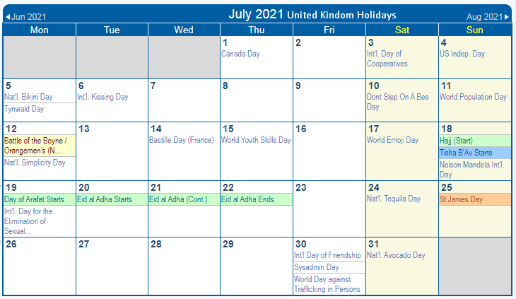 Free July Holidays 2021 Calendar Printable For Usa Uk Canada