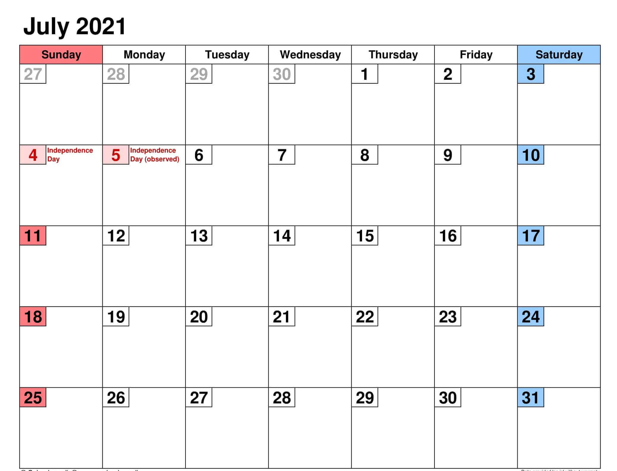 2021 July Calendar Excel