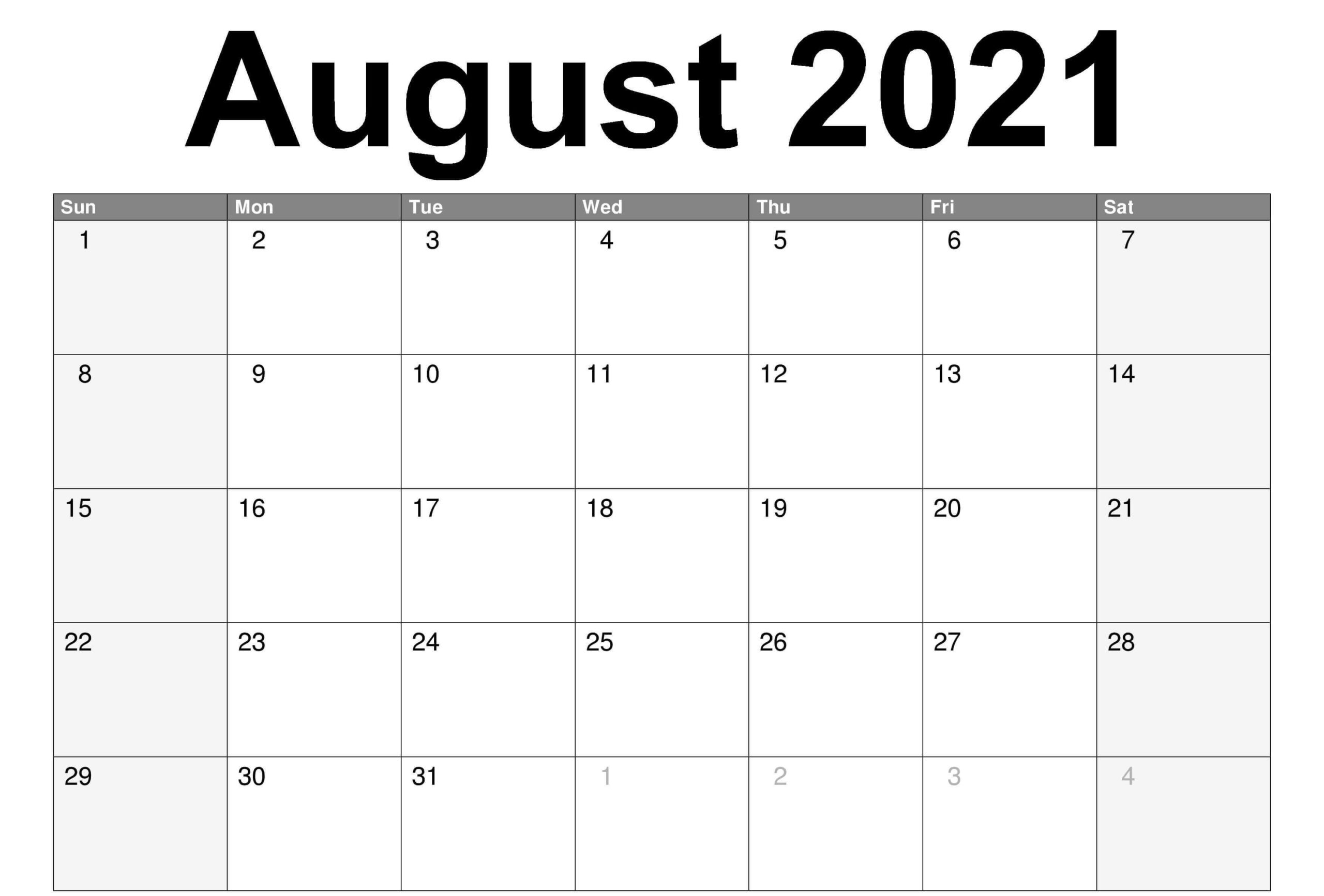 Blank August 2021 Calendar Printable