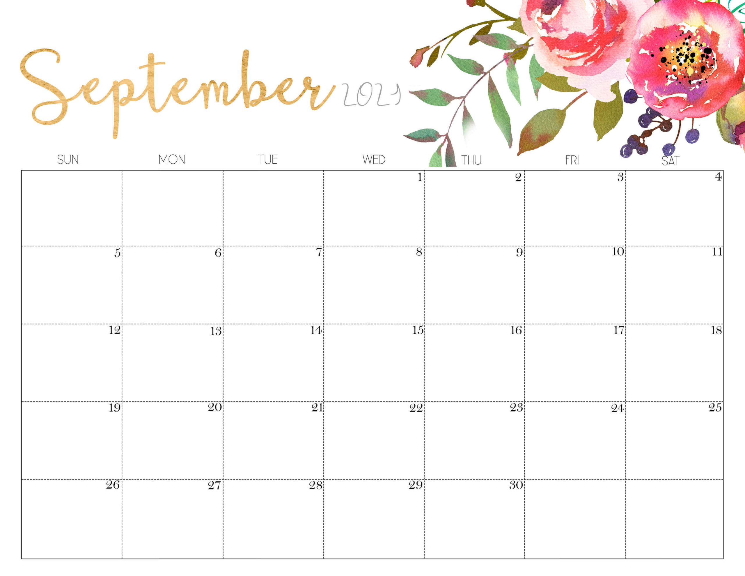 Floral September 2021 Calendar