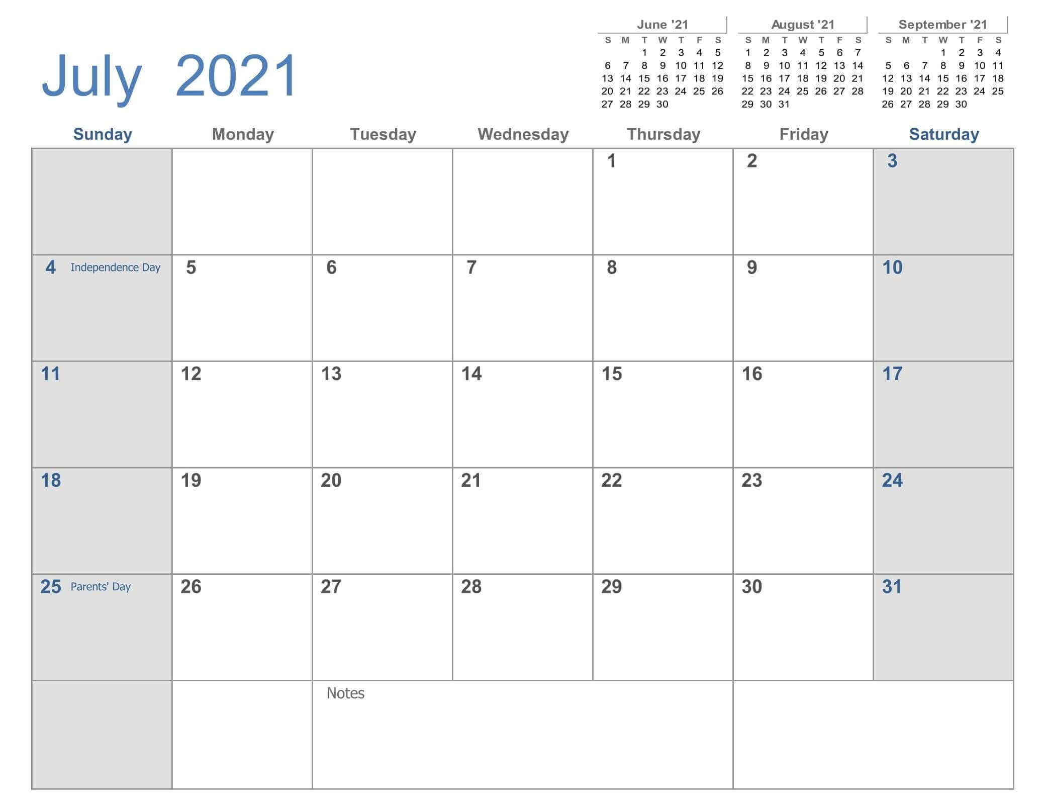 July 2021 Holidays Calendar