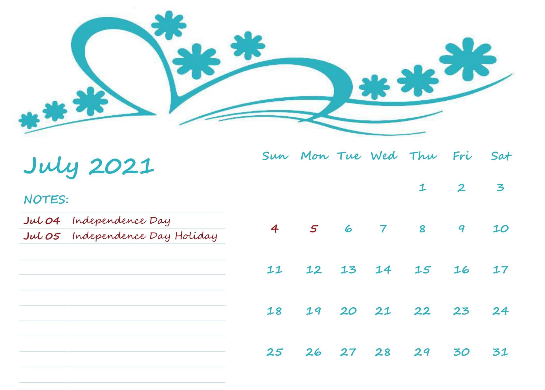 Printable Calendar July 2021 Month