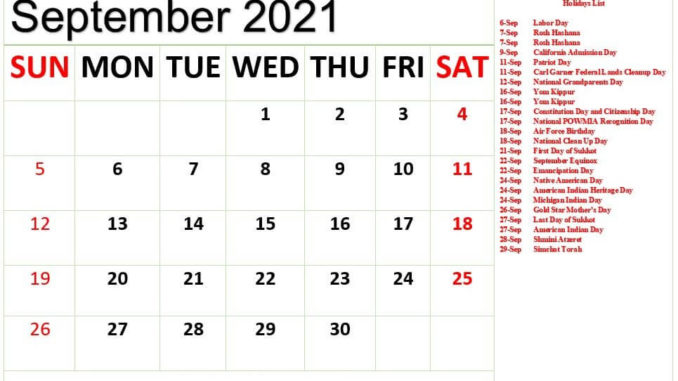 September 2021 Holidays Calendar Template
