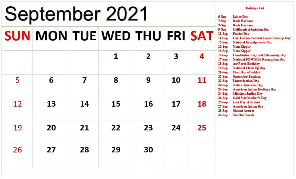 September 2021 Holidays Calendar Template
