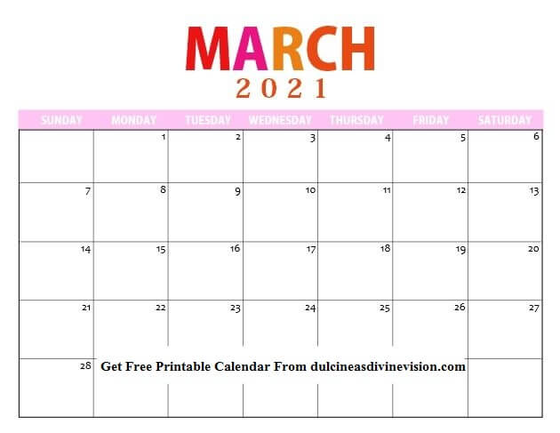 Cute March 2021 Calendar Printable