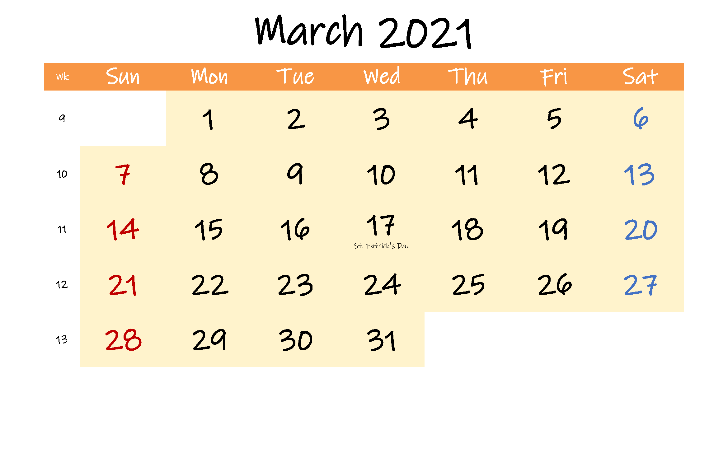 Editable March 2021 Blank Calendar
