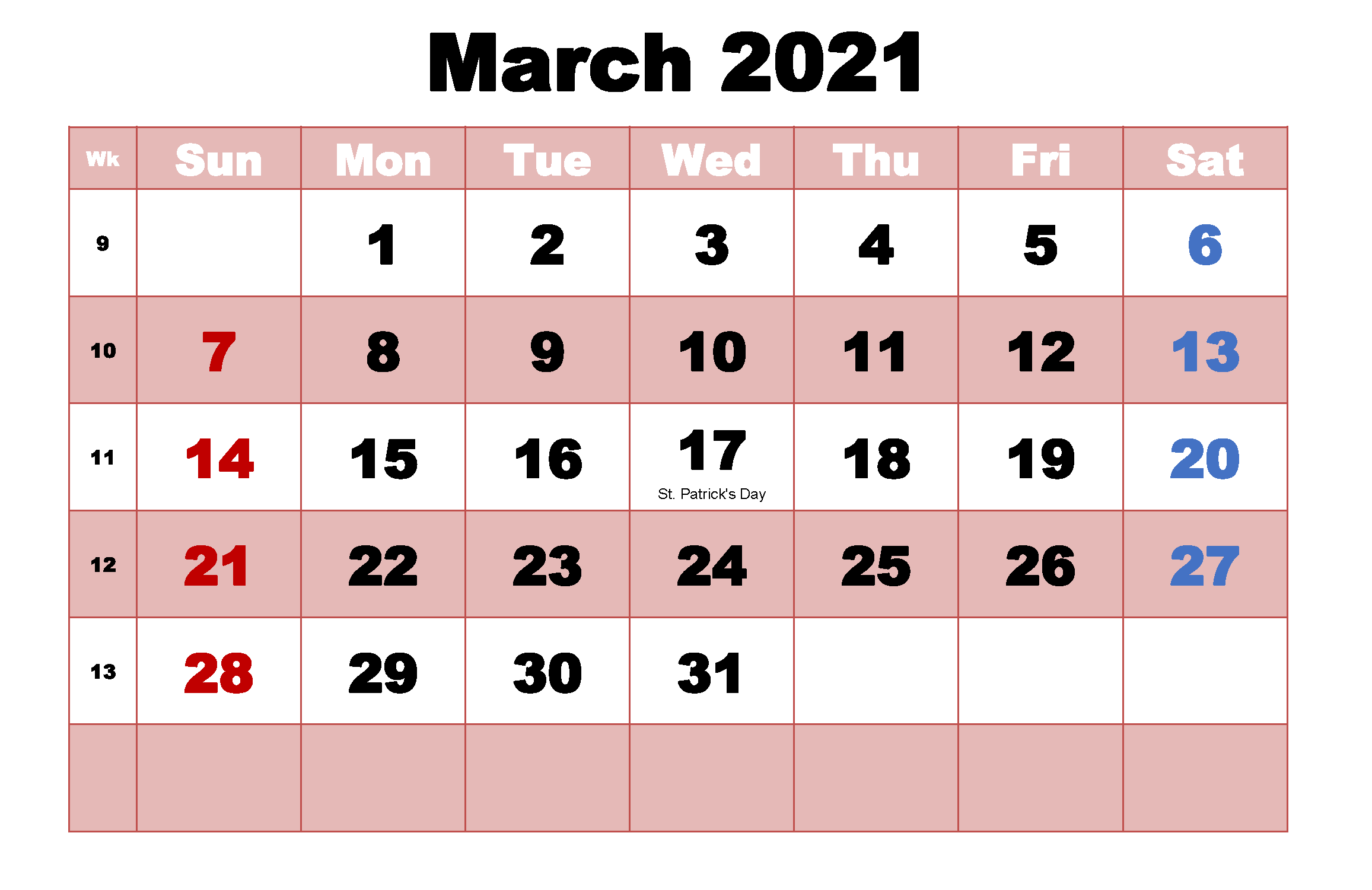 Editable March 2021 Calendar with Holidays